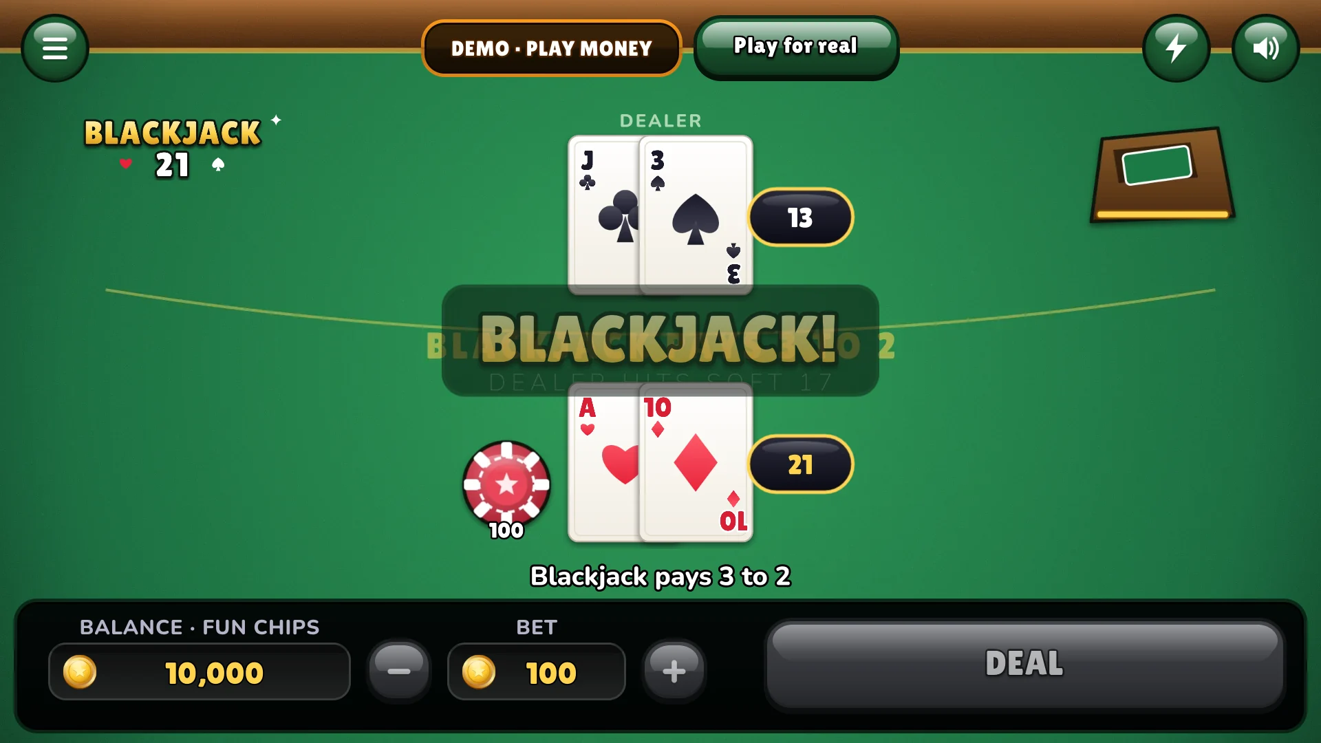 A natural blackjack pays three to two
