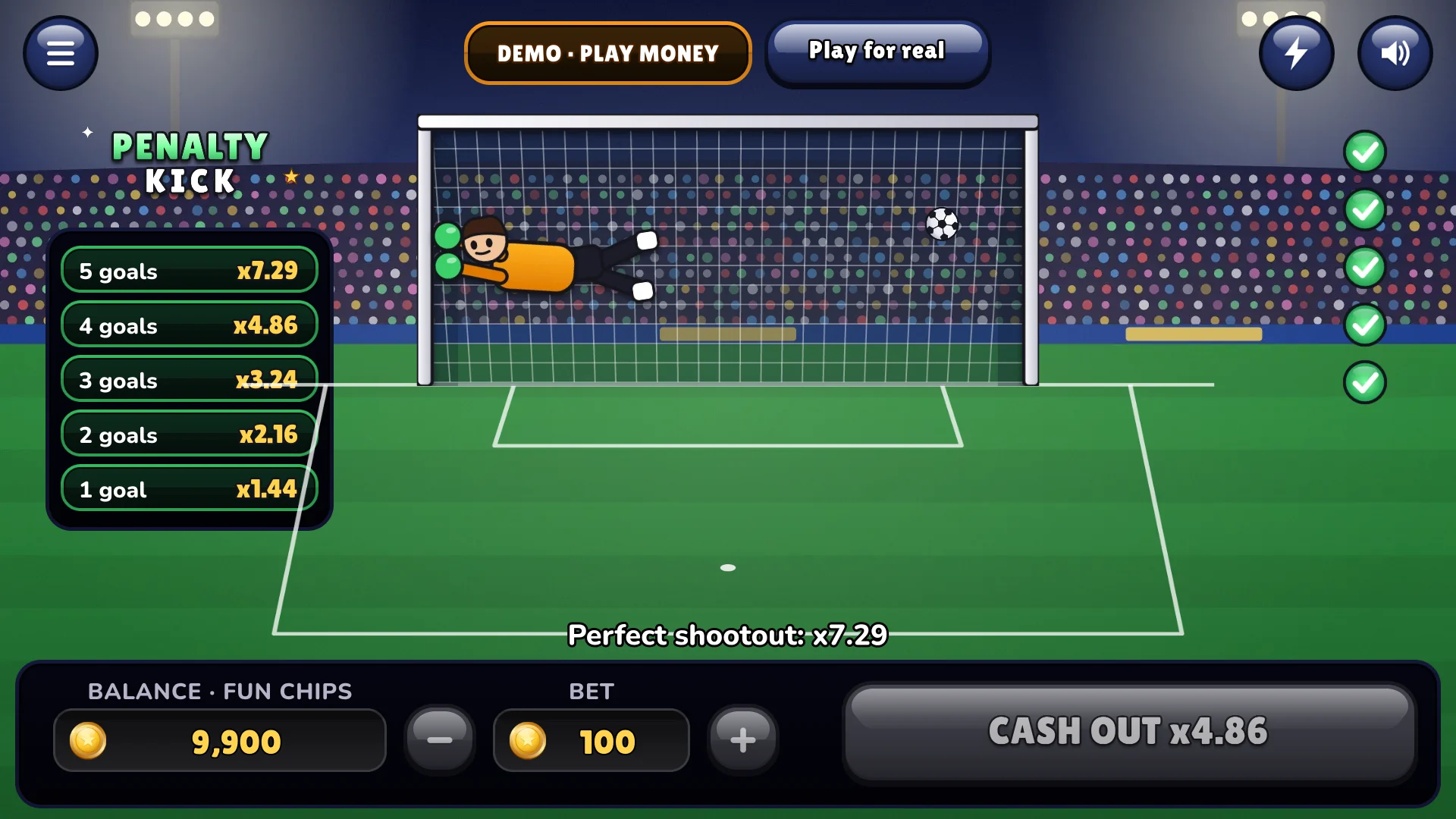 Five goals out of five pay the top prize