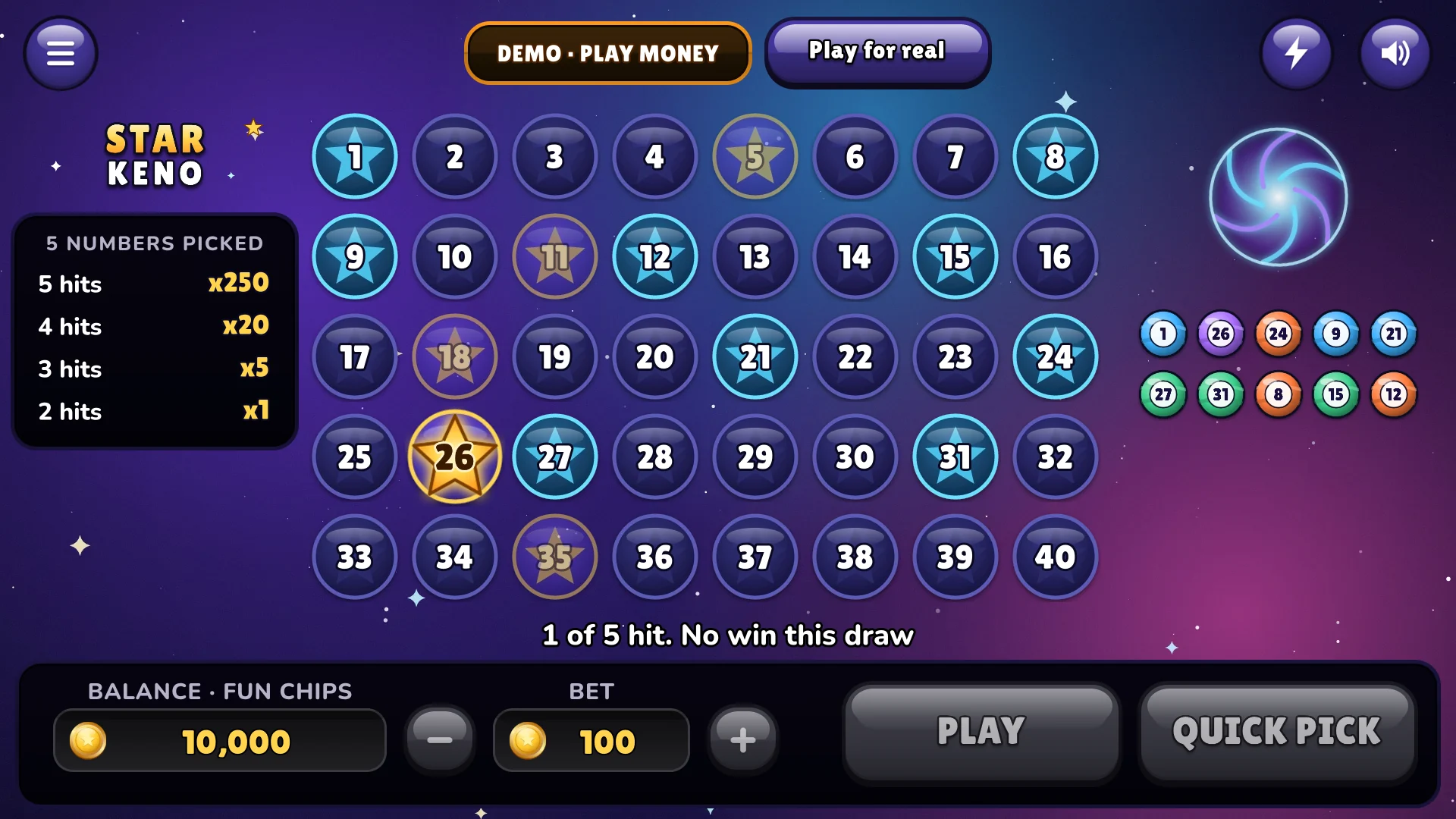 The payout table changes with how many numbers you pick